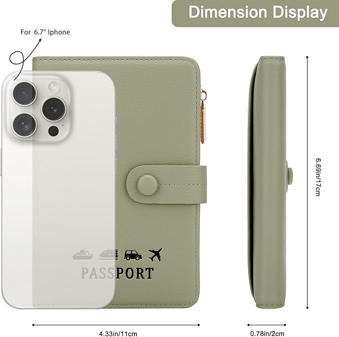 DOB SECHS Passport Holder Wallet for Women, Leather RFID Blocking Passport Cover Credit Cards Case Women Travel Accessories Organizer Pouch Bag with ID Window+Zippered Cash Pocket+SIM Slots, Green