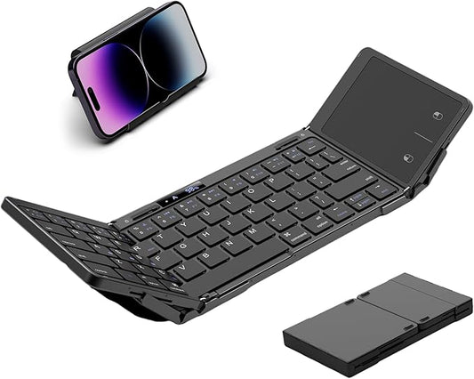 Eelexa Foldable Travel Key Board Wireless Portable Folding Keyboard with Touchpad, Lock Hinge Battery Level Display, Bluetooth Keyboard for ipad Tablet Laptop Windows Mac OS (Black-Tri-fold)