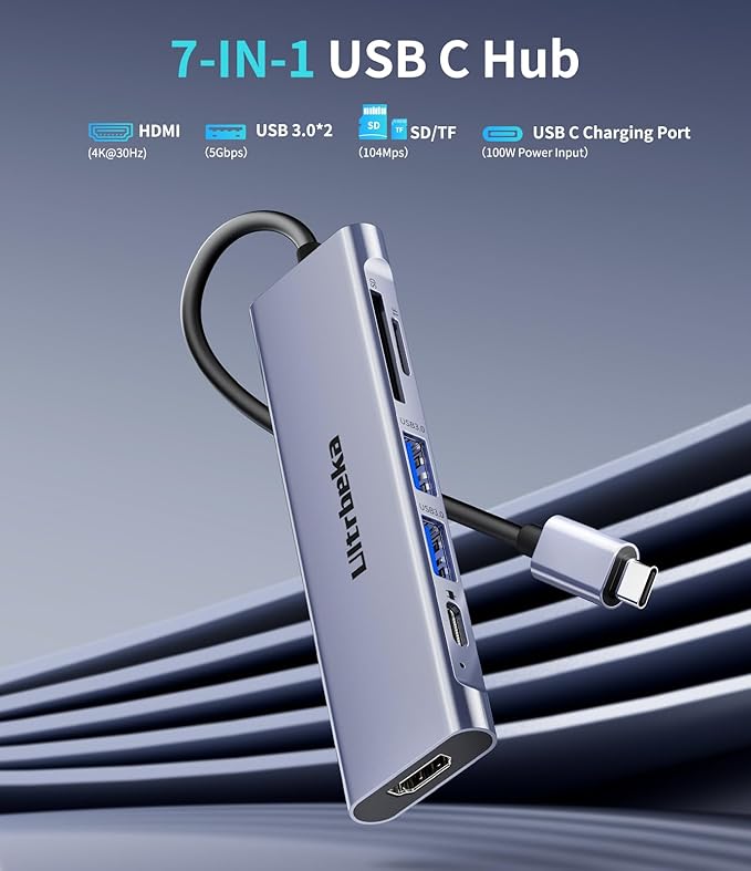 USB C Hub 7-in-1 USB-C Dongle with 4K HDMI Multiport Adapter, 2×Powered USB-A 3.0 5Gbps, 100W PD Charging, TF/SD Card Reader for MacBook Pro/Air and Other Type C Ports Laptops (Silver)