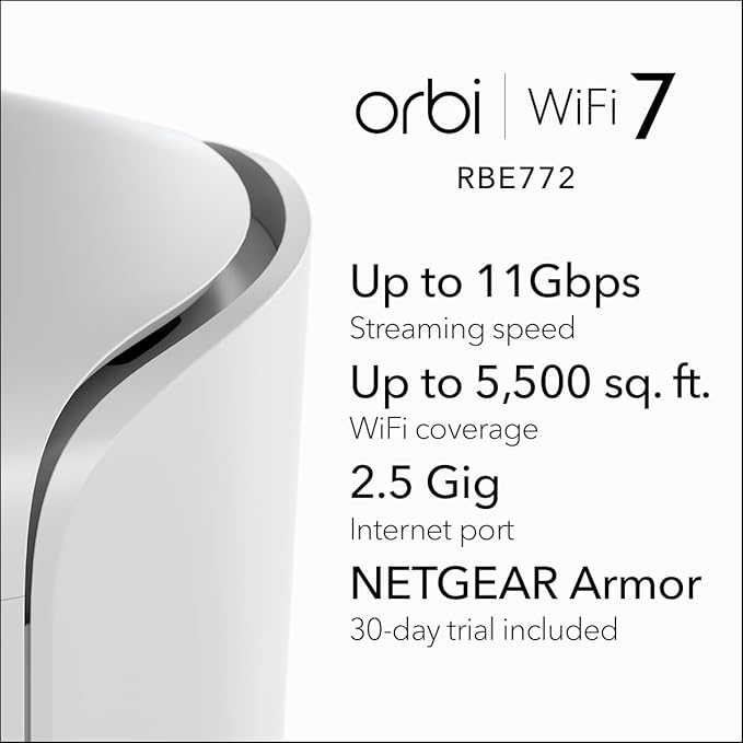 NETGEAR Orbi 770 Series Tri-Band WiFi 7 Mesh Network System (RBE772) - Router + 1 Satellite Extender, Security Features, Up to 11Gbps, Covers up to 5,500 sq.ft., 100 Devices, 2.5 Gig Internet Port