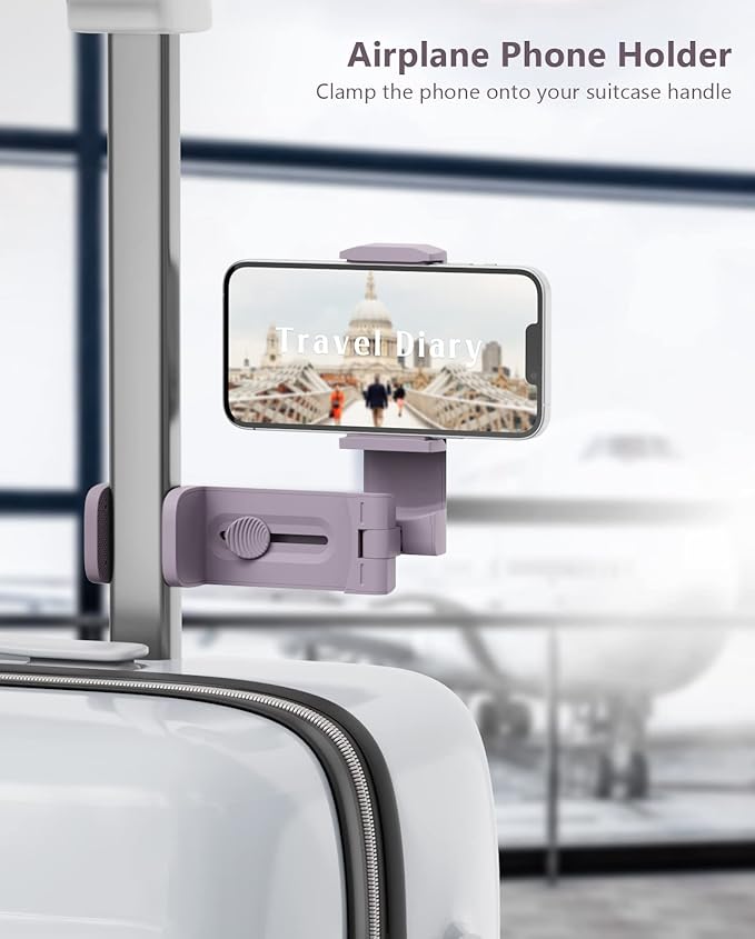 MiiKARE Travel Essentials Airplane Phone Holder, Universal Handsfree Phone Mount for Flying with 360 Degree Rotation, Travel Must Haves Phone Stand for Desk, Tray Table, Purple&Pink