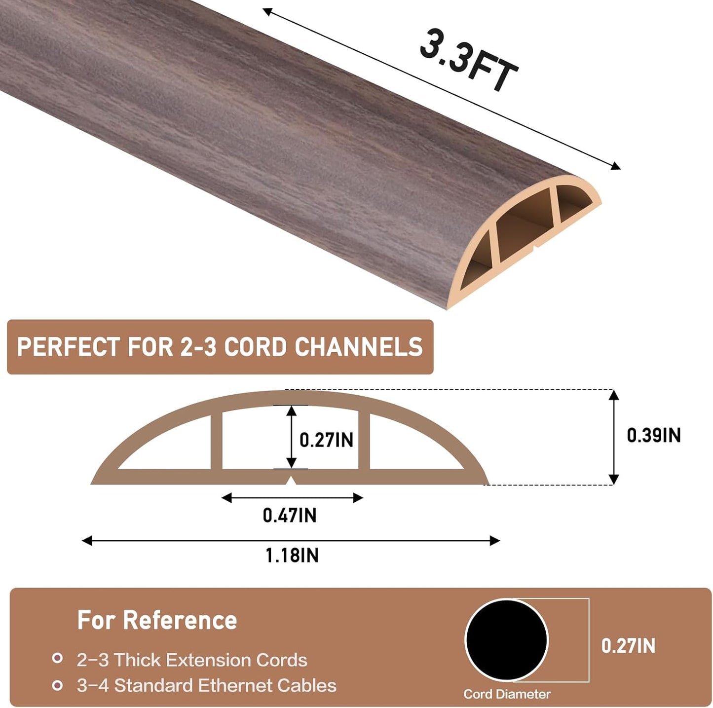 Floor Cord Cover Self Adhesive Cord Hider Floor Extension Cord Covers for Floor Power Cord Protector Cable Management Prevent Cable Trips Cable Cavity 0.47" W x 0.27" H (Brown Walnut Wood, 3.3Ft)