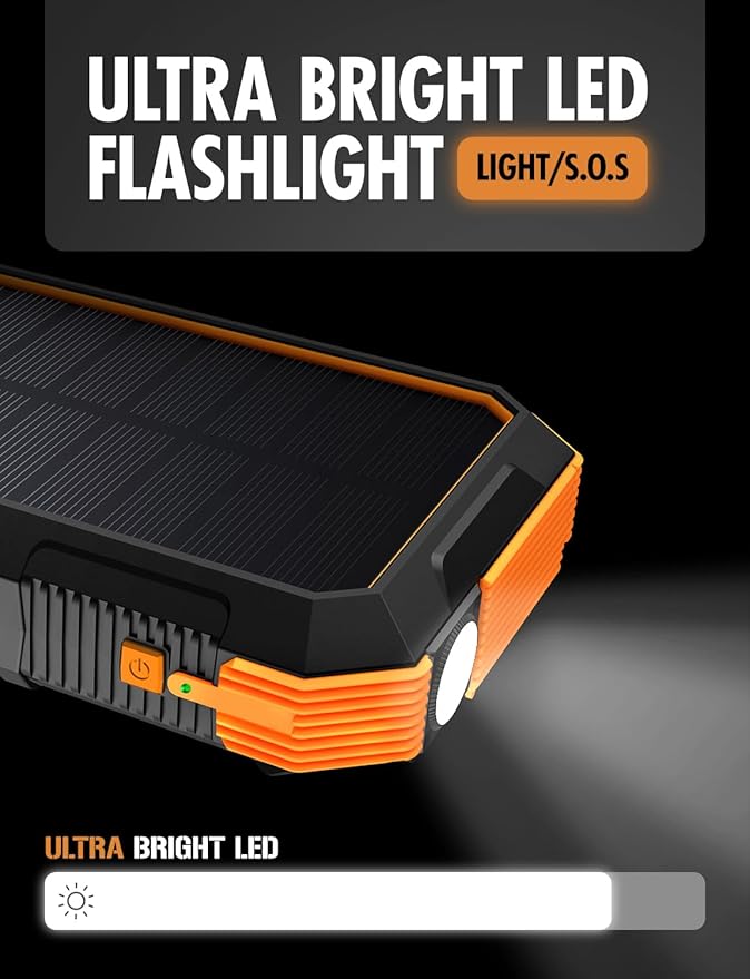 ToughTested 24,000 mAh Fast Charging Solar Power Bank, Portable Solar Charger External Battery Bank | LED Flashlight, IP67 Waterproof, Dustproof, Shockproof for Camping, Travel & Emergency Use