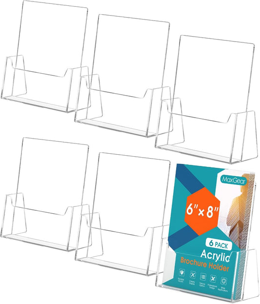 MaxGear Brochure Holder 6 Pack, 6 Inches Wide Acrylic Display Stand Clear Pamphlet Holder Flyer Holder Rack Card Holder Countertop/Desk Organizer for Trifold, Booklet, Literature, Magazine
