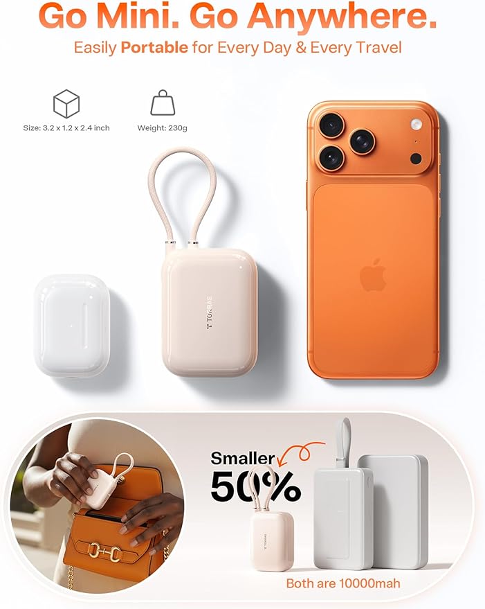 TORRAS 10000mah Portable Charger Power Bank 45W Fast Charging [Daily Use & Travel Essential] Built in Cable USB C, Phone Battery Pack Powerbank for iPhone 17 16 15, Samsung S25, S24, Google Piexl etc
