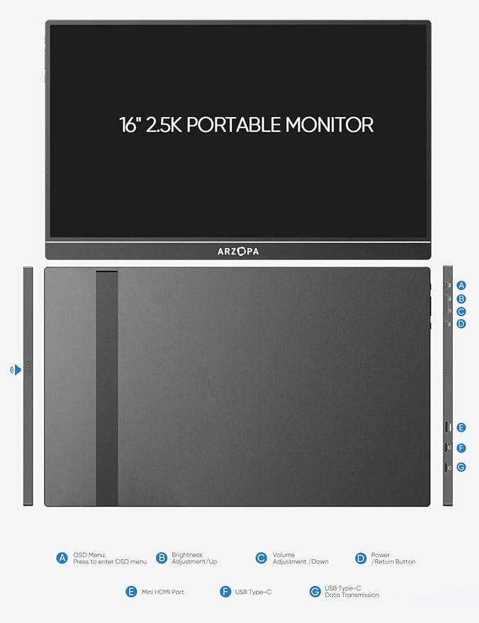 ARZOPA 16" 2.5K Portable Monitor, 2560x1600 QHD IPS Display 123% sRGB with Built-in Stand USB-C HDMI Eye Care External Second Screen for Mac Laptop Phone PS4/5 Xbox Switch -Z1RC