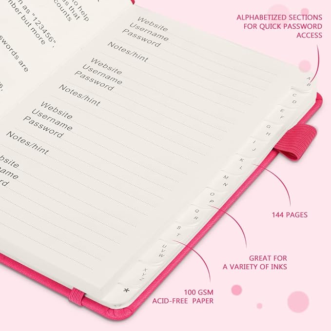 JUBTIC Password Book with Alphabetical Tabs. Medium Size Password Keeper Logbook for Internet Log in, Website Address. Hardcover Password Journal Notebook & Organizer for Home Office, Hot Pink