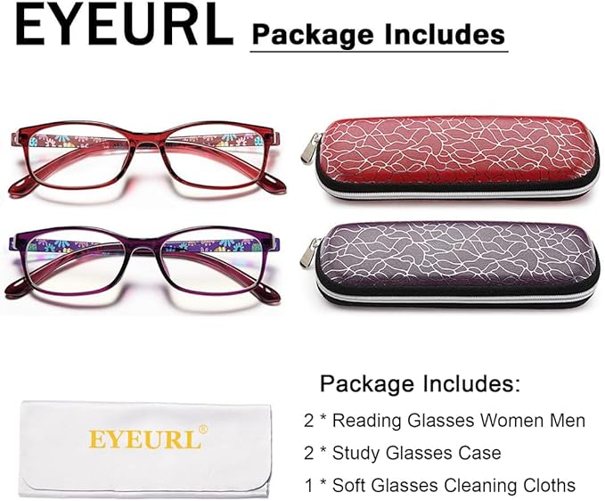EYEURL Reading Glasses for Womens Blue Light Blocking - 2 Pairs Ladies Computer Readers +3.25 Lightweight Flexible Eyeglass Anti Eyestrain UV