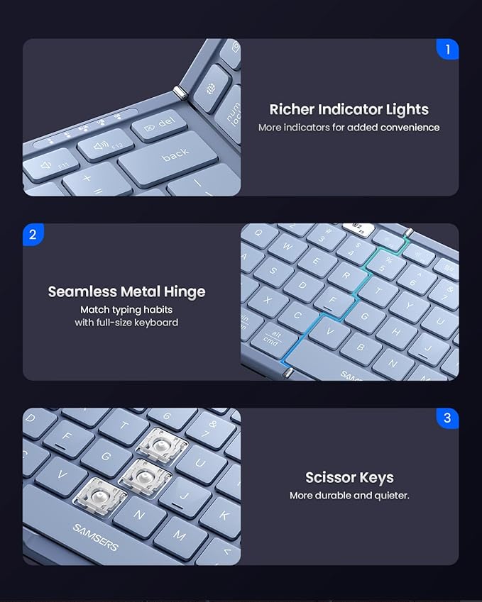 Foldable Keyboard and Mouse, Samsers Folding Bluetooth Keyboard Combo, 2.4G + BT5.0 x 2, Full-Size Portable Travel Keyboard & Rechargeable Wireless Mouse for Windows Android iOS Mac OS, Blue