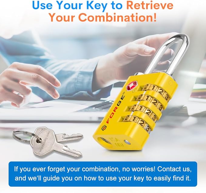 Forge Dual-Opening: Key or Combination Access Lock, TSA Approved Locks for Luggage, Pelican case, Travel, Gym, School, Stainless Steel Shackle.(Yellow, 4 Pk)