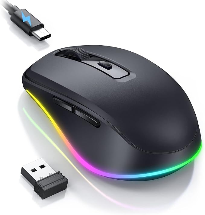 PEIOUS Wireless Mouse Jiggler - LED Wireless Mice with Build-in Jiggler Mover, Rechargeable Moving Mouse for Computer with Undetectable Random Movement Keeps PC Laptop Awake - Black