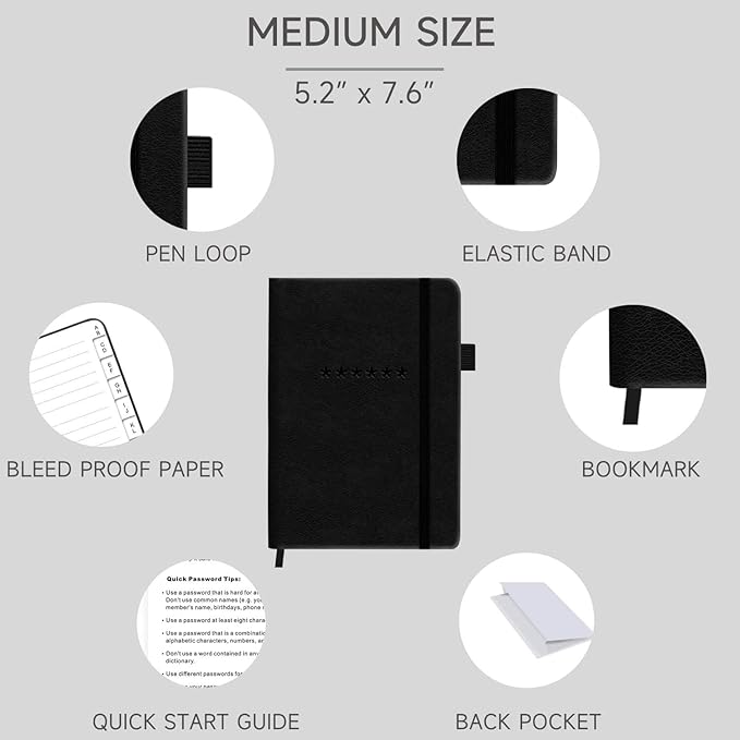 Password Book with Alphabetical Tabs – Hardcover Internet Address & Password Organizer – Password Keeper Notebook for Computer & Website – 5.2 x 7.6" Log-in Password Journal w/Thick Paper (Black)