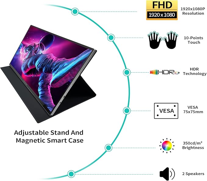 18.5 Inch Touchscreen Large Portable Monitor Metal Shell IPS HDR 1080P with Smart Cover & Rotatable Stand & Speakers, 99% sRGB, 350cd/m², VESA, USB-C HDMI External Touch Screen for Mac/Laptop/PC/Phone