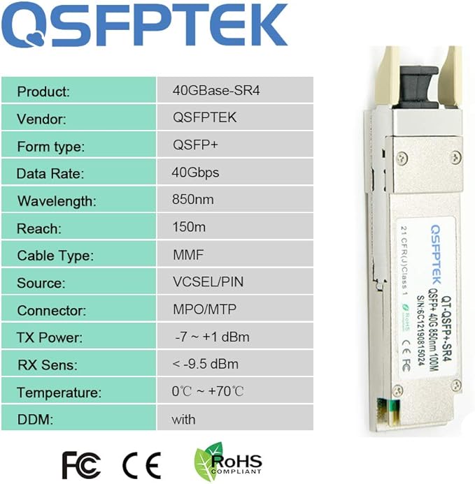 QSFPTEK 40G QSFP+ Module MTP/MPO Multi-Mode Transceiver 40GBASE-SR4 for Mellanox MC2210411-SR4 (850nm, 150m, with DDM)