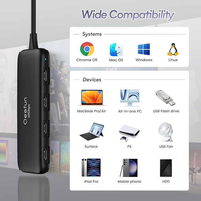 Qeefun USB C Hub 10Gbps, 4 Ports USB-C 3.2 Data Splitter, USB 3.2 Gen 2 Adapter with 100W Power Charging Port, USBC Extender for iPad Pro, iPhone 15, MacBook Air/Pro M2 M1, PC, Laptops and More