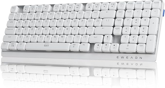 EWEADN MK100 Wireless Low Profile Mechanical Keyboard, Bluetooth/2.4GHz/USB-C Wired with White Backlight Quiet Mechanical Keyboards Wireless, Full-size keyboard for Game/Office, Windows, Mac, White