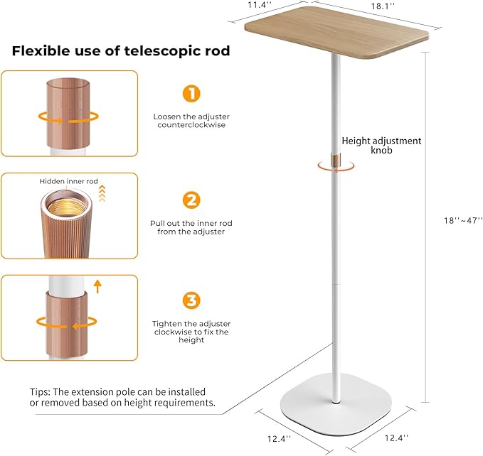Portable Laptop Floor Stand, Bedside/Sofa Table with Height Adjustable 18''~47'', Stylish Movable Workstation Floor Standing Desk for Office, Meeting Room, Living Room Easy Assembly, White