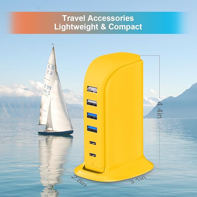 45W USB Charging Station, 6-Port Hub with 4 USB-A & 2 USB-C Ports, 5ft Cable, Yellow