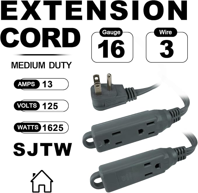EP 3 Ft 3 Outlet Extension Cord with Flat Plug, 3 Prong Grounded, 16/3 SPT-3 Power Cable for Indoor Use, Grey, 2 Pack