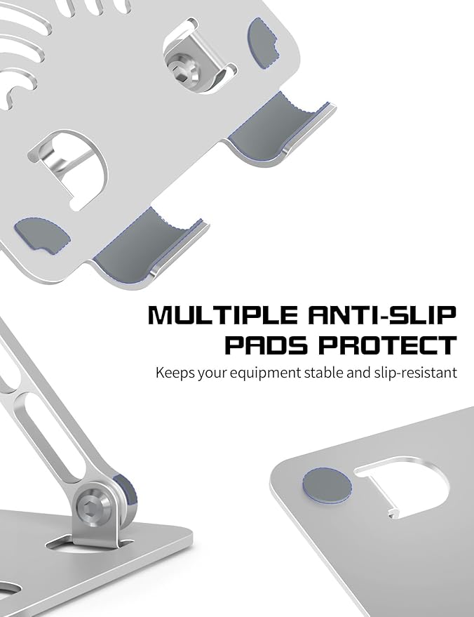 Adjustable Tablet Stand for Desk, Premium Aluminum Holder for iPads, Tablets, Kindles, Switch, Phones, and All Devices up to 14 Inches. Portable and Foldable Silver, Plus Size