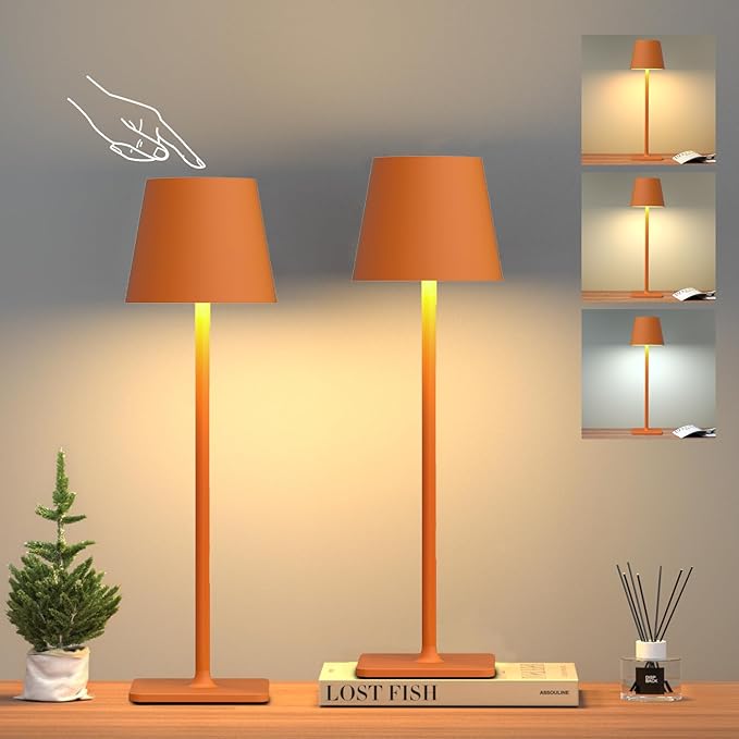 Orange Cordless Table Lamp Set of 2-3 Way and Stepless Dimmable - for Restaurant Dining Bedroom Home Bar