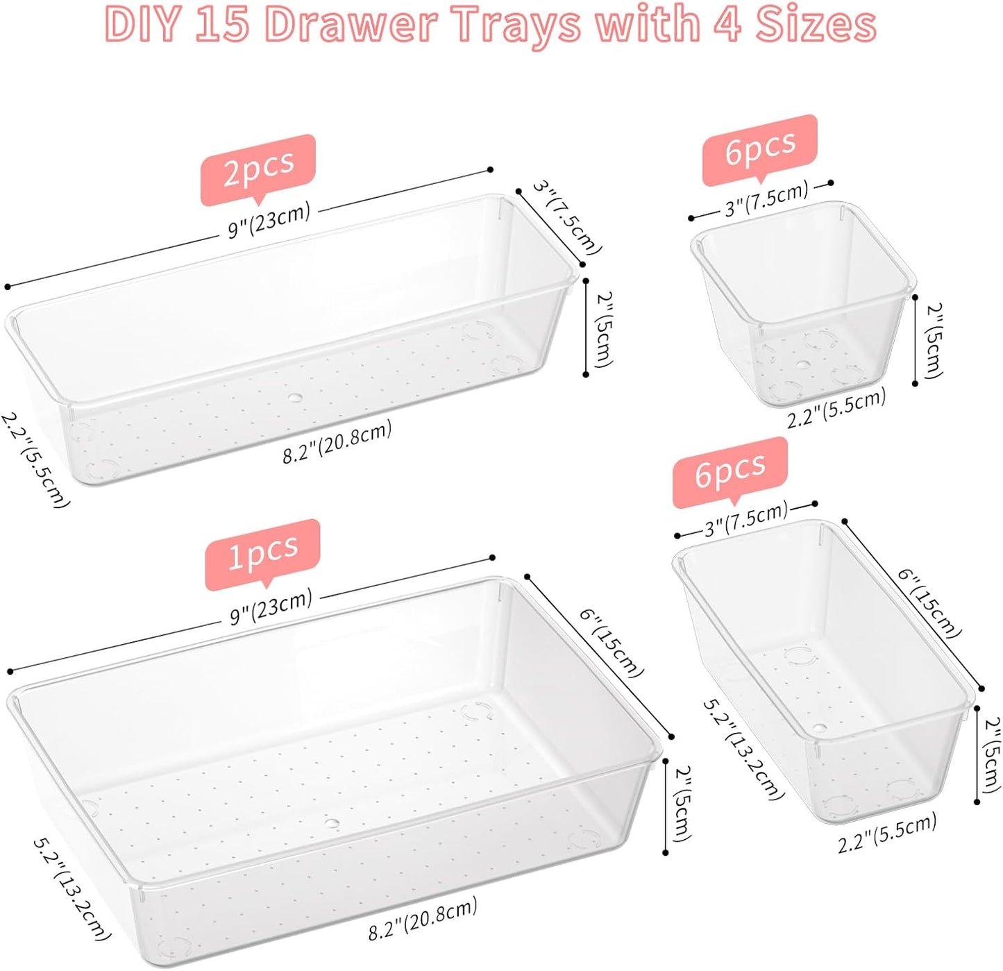 15 PCS Clear Plastic Drawer Organizer Set, 4 Sizes Versatile Bathroom Drawer Organization and Storage Trays, Non-Slip Desk Vanity Storage Bins for Makeup Jewelry Kitchen Utensil Gadget Office