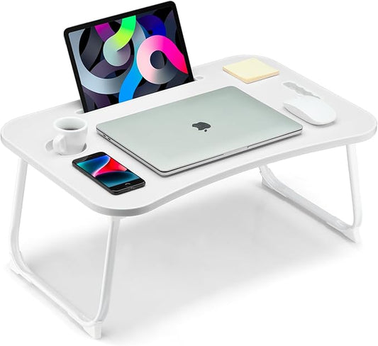 Foldable Lap Desk, Laptop Bed Desk, Portable Lap Table, Laptop Bed Table with Cup Holder & Tablet Slot & Lifting Handle for Working Writing Drawing & Eating - White