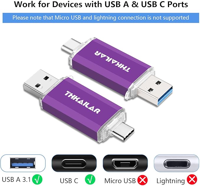 Thkailar 1TB USB C Flash Drive 3.1 USB A and Type C Ports,Thumb Drive for PC,Android Phones,MacBook,Laptop(Purple)