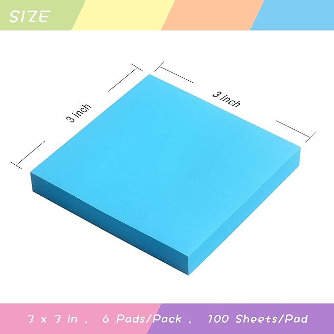 Sticky Notes 3x3 Self-Stick Notes Pads with 6 Bright Colors, Easy to Post for Office, School, Home, 6 Pads/Pack, 100 Sheets/Pad (Blue)