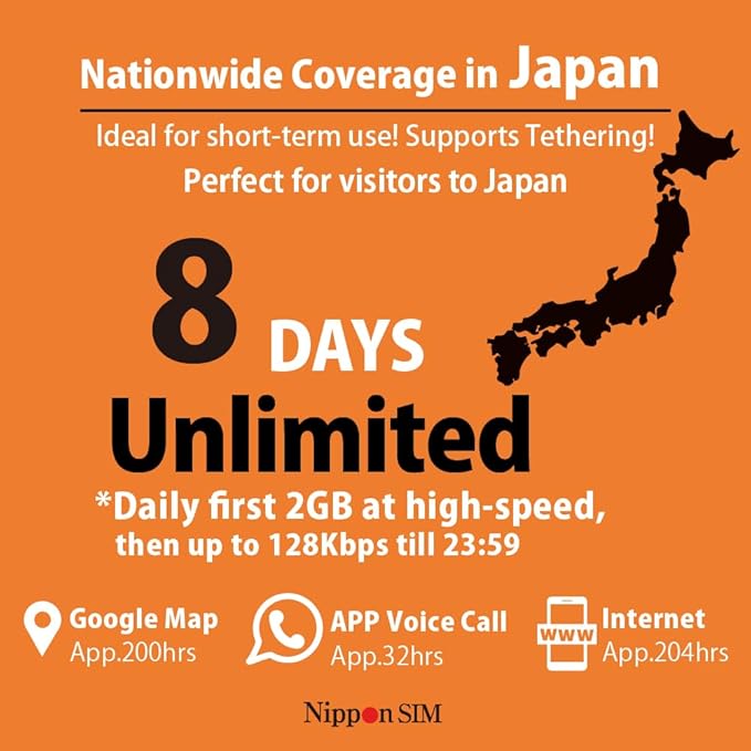 Japan SIM Card 8 Days Data Only | Daily 2GB High-Speed 4G LTE + Unlimited Data at Reduced Speed | No Roaming Needed for Faster, Safer Access | Hotspot tethering Supported | Docomo | Made in Japan