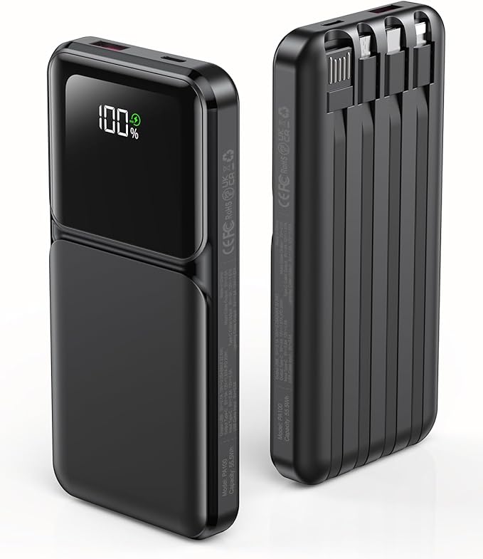 Portable Charger with Built in Cable - Power Bank Fast Charging 22.5W USB C 10000mAh LED Display Travel Battery Pack 5 Outputs & 3 Inputs for iPhone Samsung Android iPad Phones Tablets etc