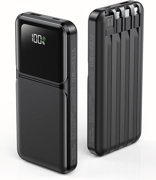 Portable Charger with Built in Cable - Power Bank Fast Charging 22.5W USB C 10000mAh LED Display Travel Battery Pack 5 Outputs & 3 Inputs for iPhone Samsung Android iPad Phones Tablets etc