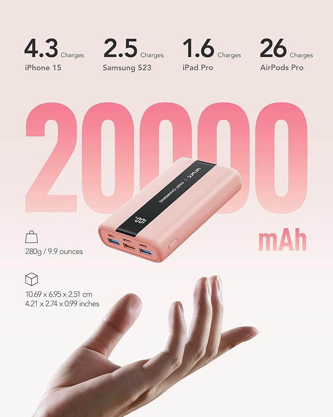 VRURC Portable Charger, 20000mAh Mini Power Bank,22.5W Fast Charging Battery Pack USB C, Small Travel Charging Bank with 4 Outputs Compatible iPhone 16 15 14 13,Samsung,Android,etc-Pink