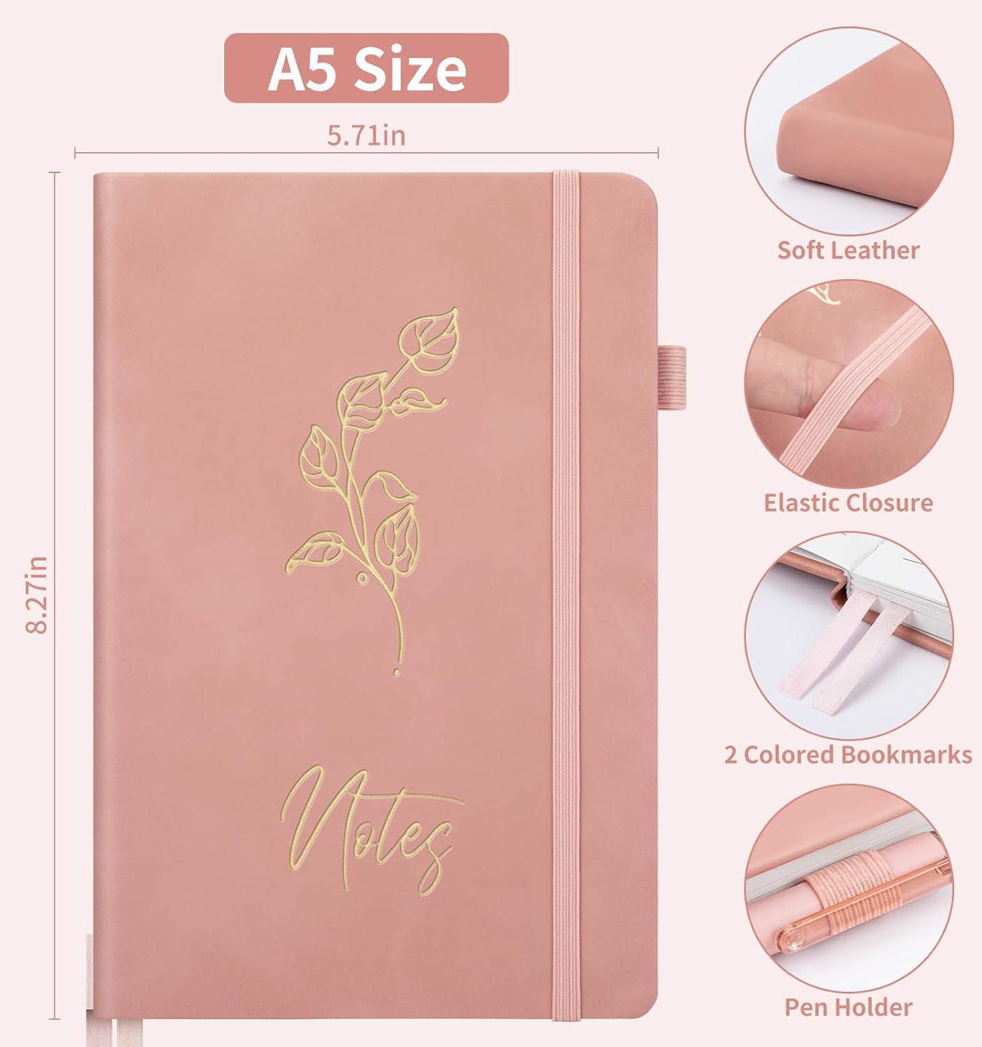 Lined Journal Notebook For Women, 200 Pages A5 Hardcover Leather Journals For Writing College Ruled Notebook For Work School Note Taking Business Diary Notepad 5.7‘' X 8.3''-Pink