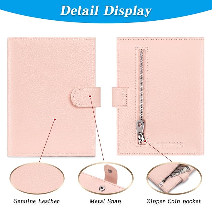 Passport Holder for Travel Women RFID Blocking Genuine Leather Passport Wallet with Card Slots, Zipper Coins Pocket, Cash Holder, Pink