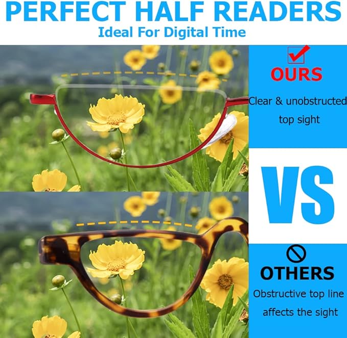 2 Pack Half Lens Reading Glasses Blue Light Blocking, Half Moon Frame Semi Rim Spring Hinge Readers with Case for Men Women Black/Red +1.25