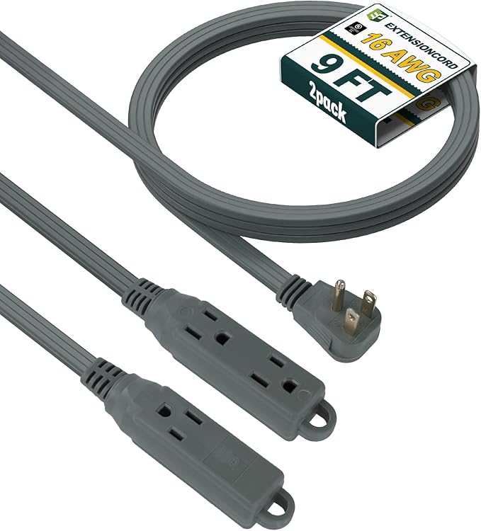 EP 9 Ft 3 Outlet Extension Cord with Flat Plug, 3 Prong Grounded, 16/3 SPT-3 Power Cable for Indoor Use, Grey, 2 Pack