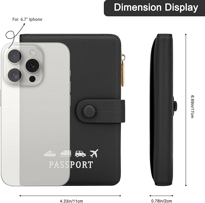 DOB SECHS Passport Holder Wallet for Women, Leather RFID Blocking Passport Cover Credit Cards Case Women Travel Accessories Organizer Pouch Bag with ID Window+Zippered Cash Pocket+SIM Slots, Black