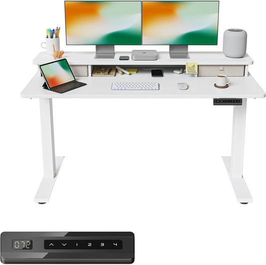 FEZIBO 55 x 24 Inch Height Adjustable Electric Standing Desk with Double Drawer, Computer Desk, Home Office Stand Up Table with 4 Height-Adjustable Feets & 2 Hooks, White