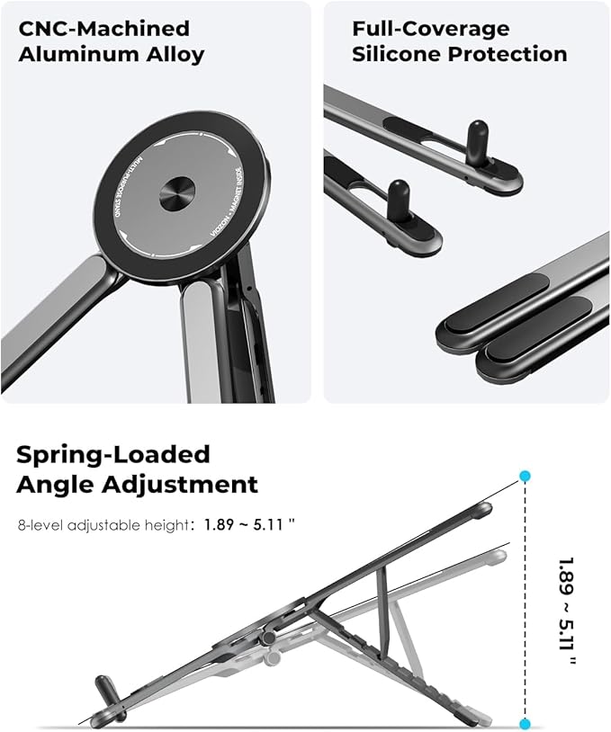Viozon Portable Laptop Stand for Desk & Travel, Magnetic Phone Holder Tripod, Compatible with 10–16" Laptops and 4–13" Phones/Tablets, Compact Foldable Aluminum Alloy, 8-Level Height Adjustment