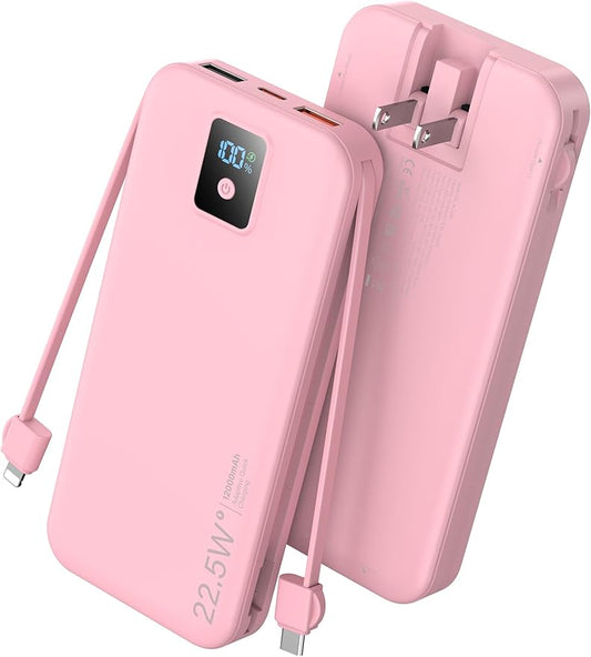 Portable Charger, 12000mAh 22.5W Fast Charging Power Bank with Built-in Cables & Wall Plug, Travel Essential Battery Pack with LED Display, USB C Battery Phone Charger for iPhone, iPad, Samsung Pink