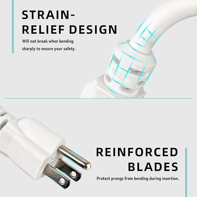 3ft Indoor Extension Cord - 12/3 SJTW Heavy Duty Extension Cable with 3 Prong Grounded Plug for Safety -15Amp 1875W White Electric Cord Great for Garden, Appliances