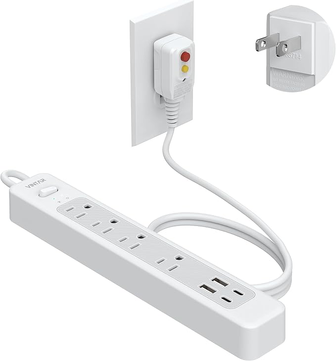 VINTAR 2 Prong GFCI Power Strip, 2 Prong to 3 Prong GFCI Plug Adapter, 6ft Extension Cord with 4 Outlets & 4 USB(2 USB-C), 1440J Surge Protector, Polarized Plug Wall Mount for Non-Grounded Outlet