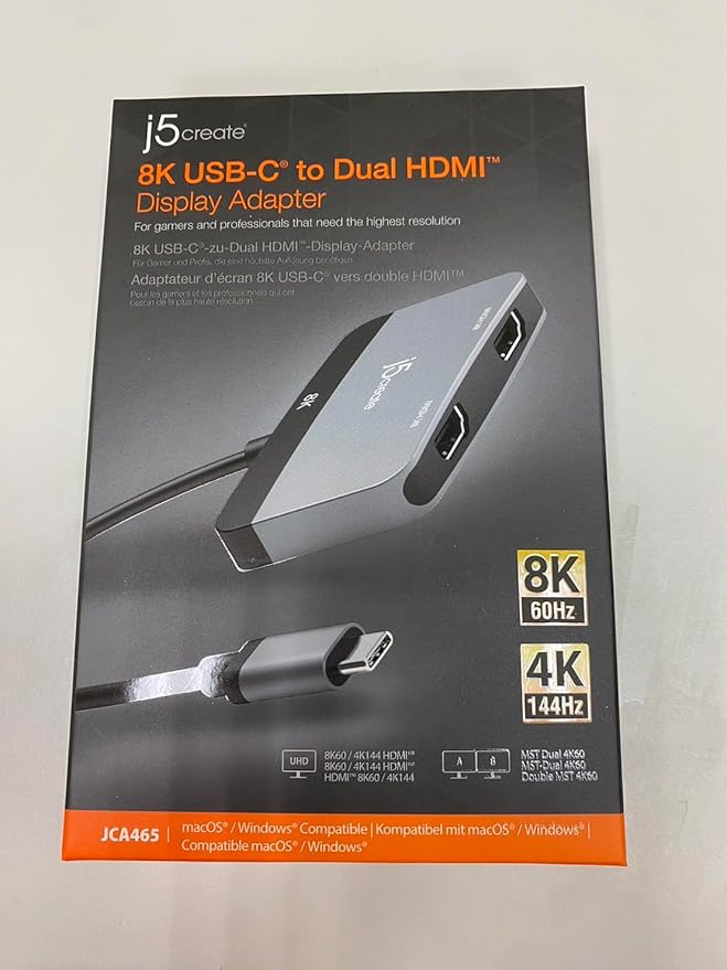 j5create 8K USB Type C to Dual HDMI Display Adapter - Single 8K60/4K144 or Dual 4K60 - Support MST Extended Mode, for Gamers and Professionals, Suitable for Windows Laptop (JCA465)