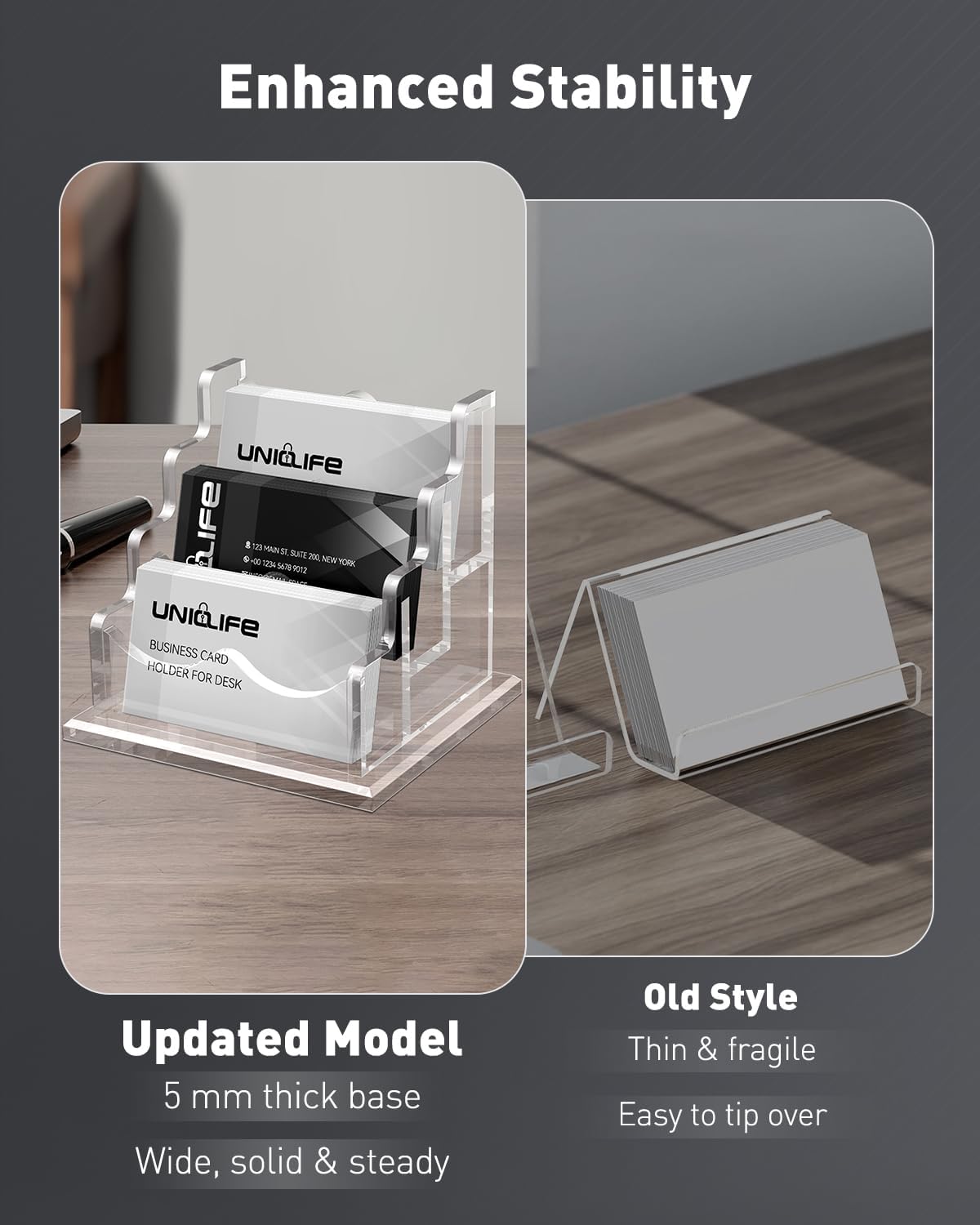 Uniclife Acrylic Business Card Holder for Desk 3 Slots Clear Horizontal Business Card Display Stand for Men & Women Desktop Name Card Organizer Card Stand for Office Home Exhibition, 180 Card Capacity