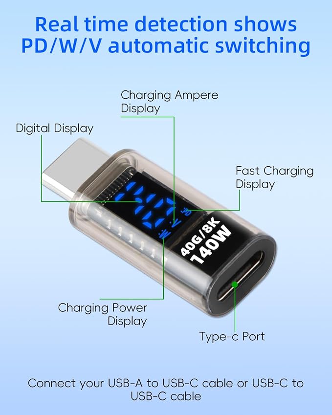 140W USB C Male to USB C Female Adapter,TYPE C Converter,40 GBps Data Transmission,with LED Display，Suitable for Laptops, Desktop Computers, Mobile Phones, Tablets, And Other Devices(2Pcak)