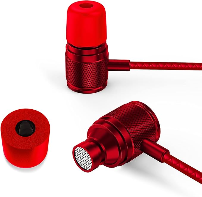 LUDOS Ultra Wired Earbuds in-Ear Headphones, 5 Years Warranty, Earphones with Microphone, Noise Isolating Ear Buds, Memory Foam for iPhone, Samsung, School Students, Kids, Women, Small Ears - Red