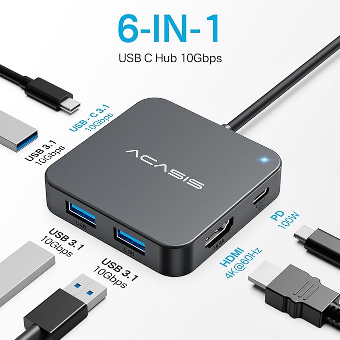 USB C Hub 10Gbps, Multiport Adapter with 4K 60Hz HDMI, 100W Power Delivery, 3 USB A3.1+1 USB-C 3.1 Data Port, USB to HDMI Adapter for MacBook, Dell, Lenovo, Surface, iPad PRO, XPS(Grey)