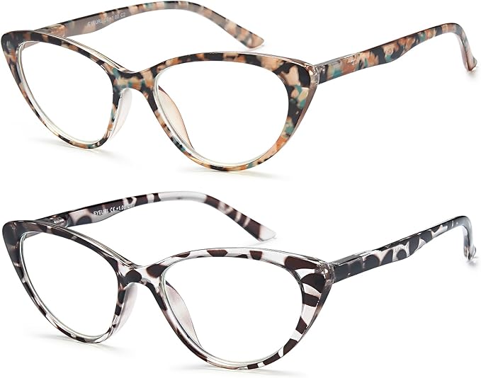EYEURL Cat Eye Reading Glasses for Women -2 Pack of Blue Light Blocking Readers Spring Hinge Computer Eyeglass with Tortoise/Champagne Pattern Design Readers for women +1.25