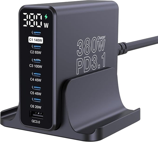 URVNS 380W USB C Charger, GaN III 7 Ports PD3.1 140W PPS 45W QC60W Fast Charging Station with LED Display for MacBook Laptop, iPhone 16/15/14 Pro Max, iPad, Galaxy S25/S24, Steam Deck and More